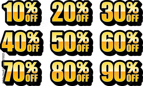 10％OFF、20％OFF、30％OFF、40％OFF、50％OFF、60％OFF、70％OFF、80％OFF、90％OFFのセールを表すディスカウントラベル　Discount Label
