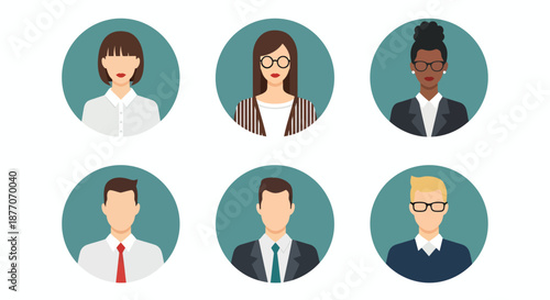 Set of diverse professional business people avatars in circular frames.