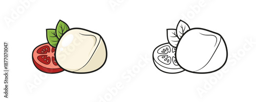 Cartoonish mozzarella cheese ball with tomato slice and basil leaves including black outline coloring page version on white background representing caprese salad ingredients