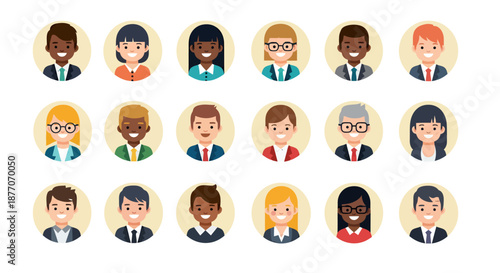 Diverse group of professional business people avatars in flat style.