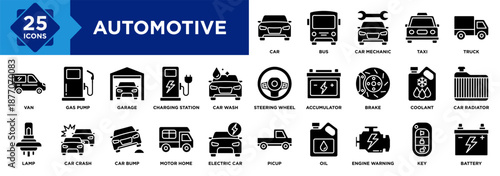 Automotive icon collection set. Containing Car, Bus, Car Mechanic, Taxi, Garage, Car Wash, Van, Truck, Gas Pump, Battery icon
