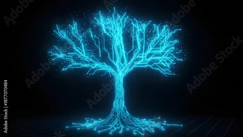 An abstract glowing blue tree, a digital representation of nature's harmony and technology's embrace