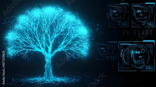 Digital Tree Illustration with glowing lines and user interfaces representing technology and data. This image highlights the intersection of nature and technology.