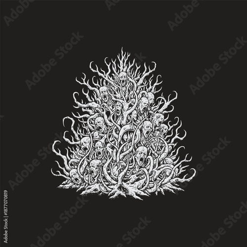 Surreal horror illustration of a twisted tree composed of screaming human faces and tangled roots in a dark vintage engraving style