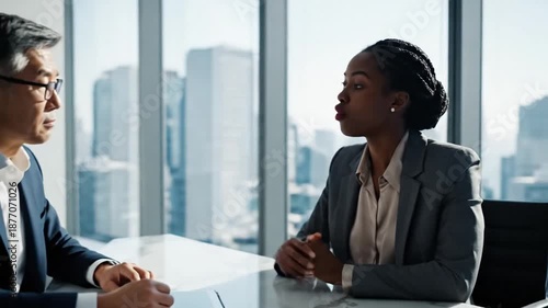Business Meeting: Asian Man Explains Data on Tablet to Colleague