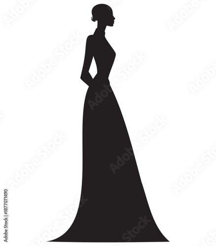 Printable EPS Abstract Black Woman Silhouette in Long Dress with Bun Hairstyle for Editable 2D Vector Clip Art
