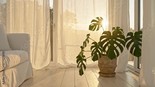 Cozy Interior with Monstera Plant and White Curtains