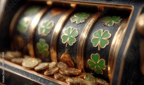 Golden coins collecting at the base of a slot machine, featuring lucky four-leaf clovers on the spinning reels