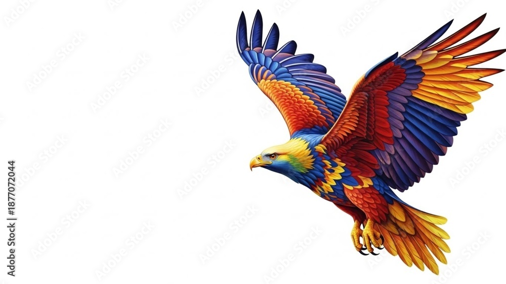 Fototapeta premium Vibrant Colorful Eagle Flying with Spread Wings, Majestic Bird of Prey in Dynamic Motion, Exotic Wildlife Illustration, Symbol of Freedom Strength and Energy, Isolated on White Background, Detailed 3D