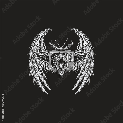 Surreal vintage engraving of a winged monster with a screaming mouth emerging from a broken retro television screen isolated on black background