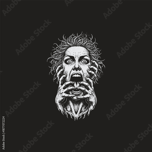 Surreal vintage engraving of a woman screaming in agony with multiple hands clawing at her face and mouth isolated on black background