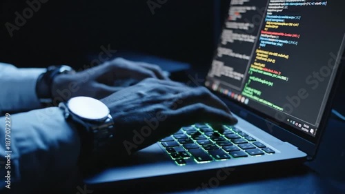 Coding on Laptop at Night: Software Development, Cybersecurity