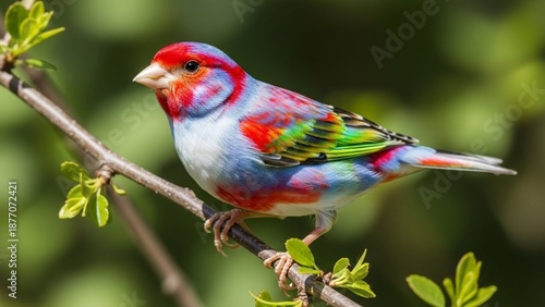 Beautiful rainbow-colored songbird perched on a branch, vibrant multicolored feathers creating a stunning wildlife portrait that celebrates nature beauty, harmony, and colorful avian diversity