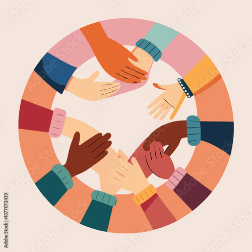 Diverse hands joining together in a circle showing unity and support for each other