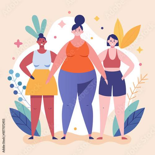 Diverse women of different body types standing together in a supportive and inclusive environment naturally