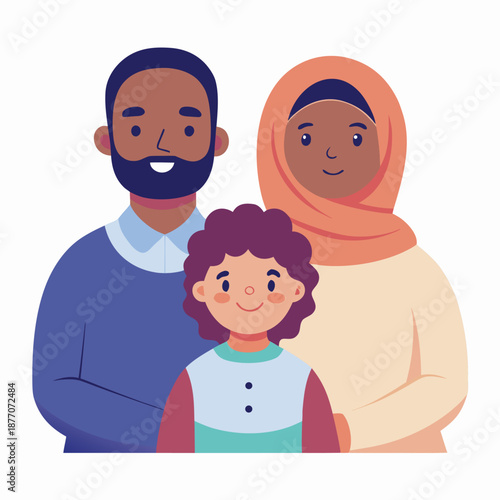 Happy family with a child and two parents smiling together in a cartoon style illustration