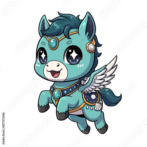 Cute Teal Pegasus Pony with Wings and Jewels. Lunar New Year Vector Illustration. EPS Editable