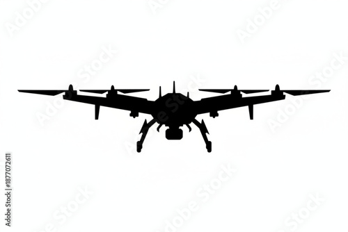 Unmanned Aerial Vehicle Silhouette: A sleek, dark silhouette of a modern unmanned aerial vehicle (UAV), poised in flight, against a stark background.