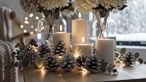 Cozy Winter Table Decor with Candles and Pine Cones