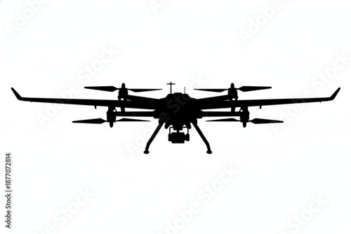 Skyborne Sentinel: A sleek, shadowed silhouette of a drone, embodying technological advancement, surveys the landscape with unseen precision.