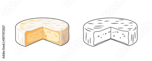 Cartoonish wheel of brie cheese with a cut wedge in white and pale yellow colors representing soft gourmet dairy product with coloring page version on white background