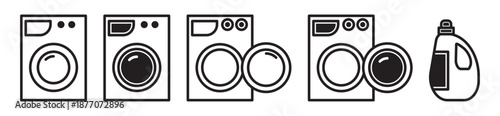 Set of washing machine linear icons isolated on transparent background. Editable stroke. Liquid detergent, laundry detergent, washing steps. Icon of a laundry service. 