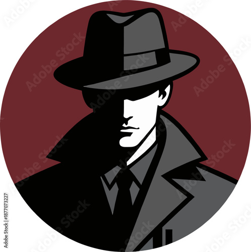 Noir Detective Silhouette Fedora Shadow Play Face Collar Coat, Vintage Mystery Emblem in Deep Red Circle Vector