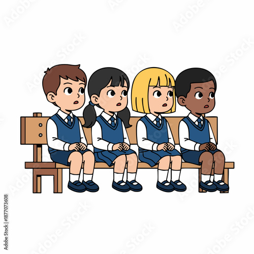 Cartoon Style Diverse Group of Students Sitting on Bench Illustration