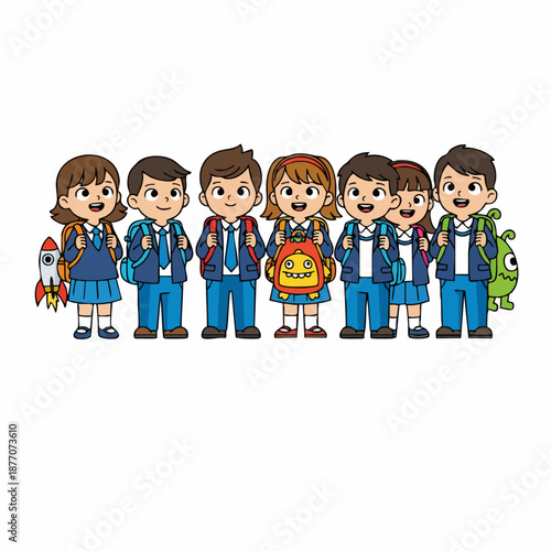 Colorful Cartoon Illustration Group Student Wearing Uniform Ready to School