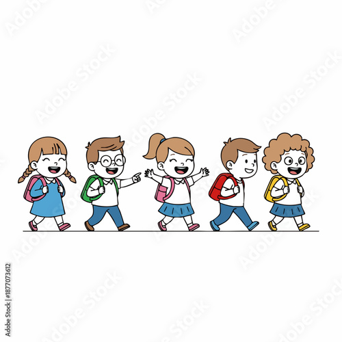 Cartoon Style Group of Cheerful Children Walking to School Illustration