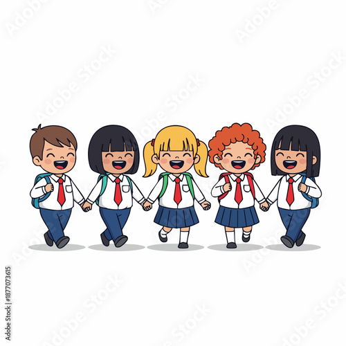 Cheerful Cartoon Style Diverse Schoolchild Holding Hand Characters Illustration