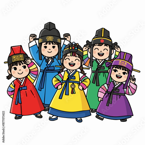 Cartoon Cute Little Children Wearing Traditional Korean Hanbok Clothing Illustration
