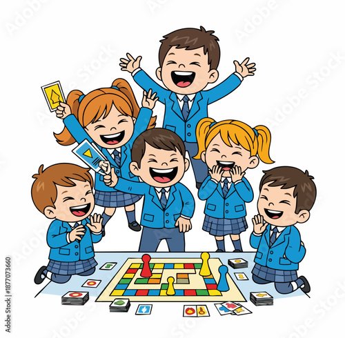Cheerful Cartoon Style Group of School Kids Playing Board Game Illustration