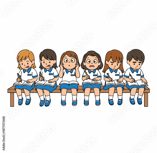 Cartoonish Handdrawn Students Sitting on Bench Studying Together Illustration