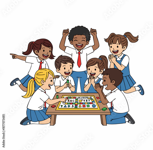 Cartoon Diverse Elementary School Students Enjoying Board Game Together Illustration
