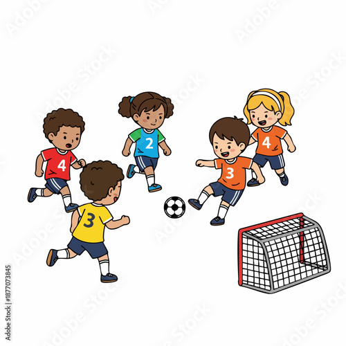 Cartoon Style Diverse Kids Playing Soccer Game with Net Illustration
