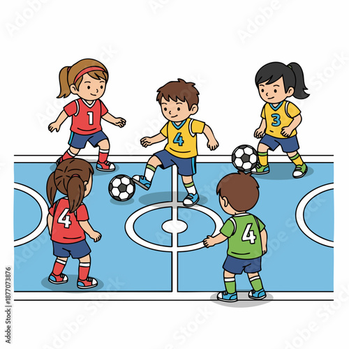 Colorful Flat Illustration Children Playing Soccer Indoor Match Sport