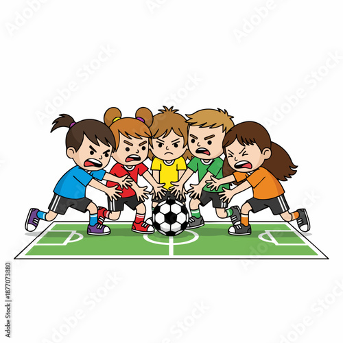 Cartoon Furious Children Playing Soccer Competing For The Ball Illustration