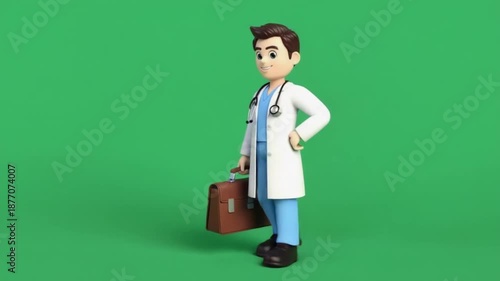 Confident doctor in white coat holding briefcase standing against green background