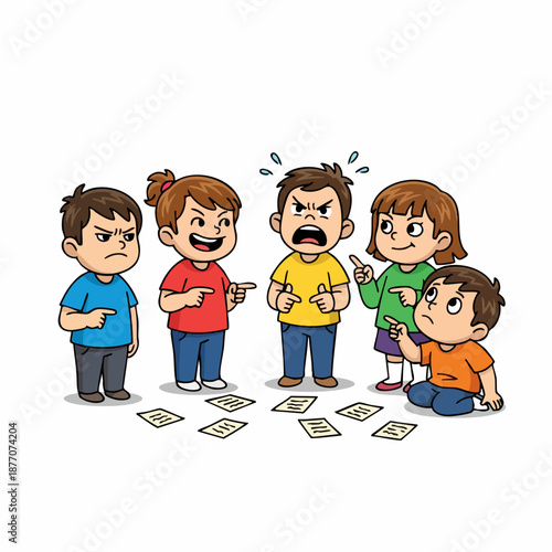 Cartoon Style Quarrelsome Children Blaming Each Other over Scattered Cards Illustration