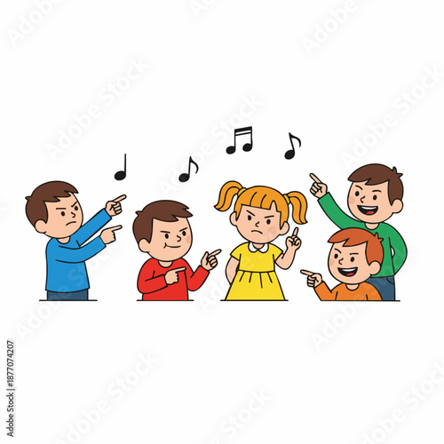 Cartoon Outline Angry Children Accusing Each Other Conflict Blame Illustration