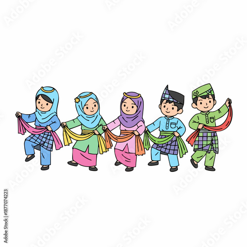 Cute Cartoon Style Children Dancing Traditional Malay Culture Illustration