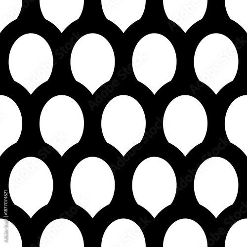 Fish scale wallpaper. Asian traditional ethnic ornament with repeated scallops. Repeated white figures on black background. Seamless surface pattern design with scales. Squama motif. Digital paper art