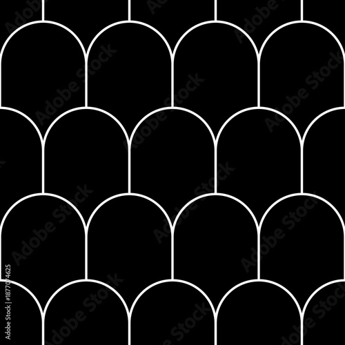 Japan traditional ethnic embroidery ornament with repeated scallops. Fish scale. Repeat scallop background. Seamless surface pattern design with scales. Ancient japanese sashiko uroko motif. Squama.