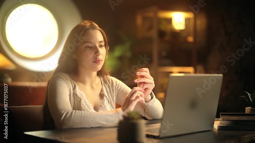 Young woman talking on a video call at home, using laptop and smartphone, gesturing while communicating online. Cozy evening interior, remote work, online meeting or virtual conversation concept
