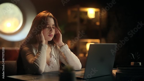 Young woman sitting at desk with laptop and holding her head, feeling tired and stressed. Evening home office, work fatigue, headache, burnout, mental overload, cozy interior. Vertical video