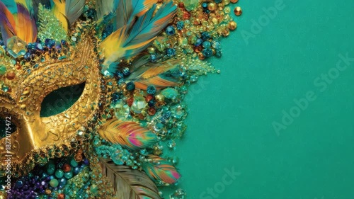 Elaborate mardi gras mask with colorful feathers and beads on vibrant teal background celebrating mardi gras