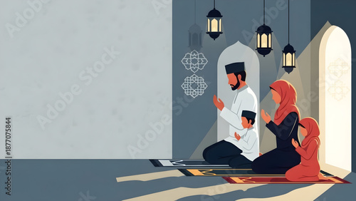 Islamic Family Praying Home Ramadhan Kareem Mubarak Religious Devotion Illustration