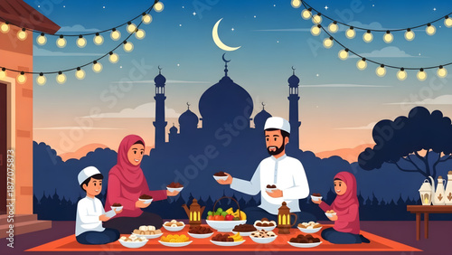 Family Iftar Meal Under Crescent Moon Eid Celebration