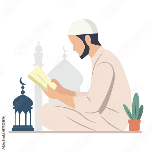 Muslim Man Reading the Holy Quran in Peaceful Spiritual Reflection Illustration